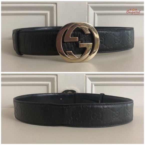 Authentic Gucci Black Guccissima Leather Gold Interlocking G Buckle Belt 80/32 - Picture 5 of 13